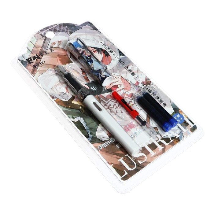 Ручка перьевая + 2 картриджа синих + поршень, на блистере,  Ручка перьевая + 2 картриджа синих + поршень, на блистере, "Аниме", МИКС