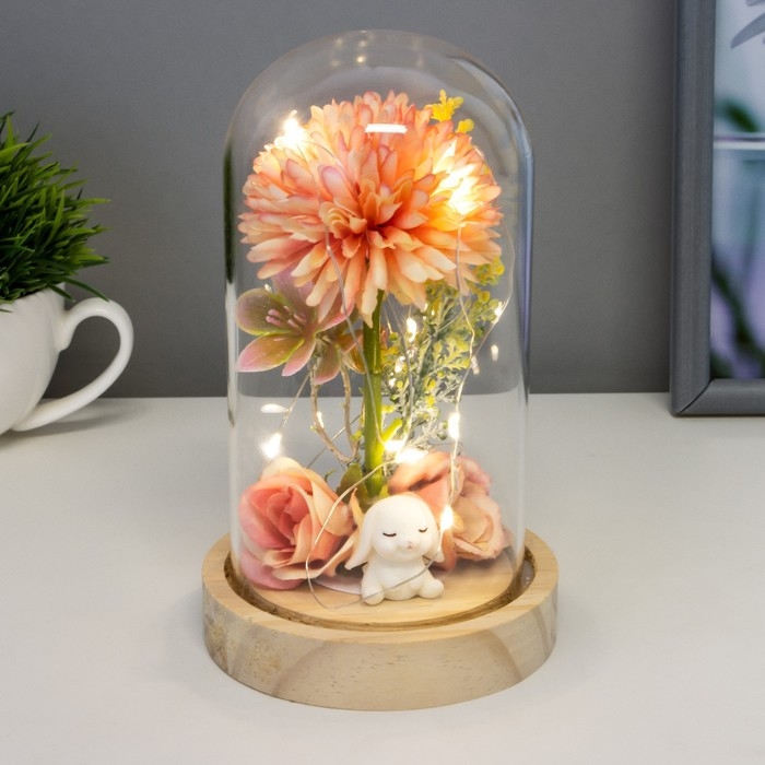 Ночник-колба Ночник-колба "Пион малый" LED от батареек 3хLR1130 розово-бежевый 9,5х9,5х16,5 см RISALUX 736365