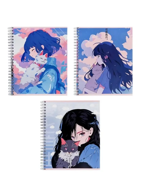 Набор тетрадей Calligrata &laquo;Аниме. Девочка с котом&raquo;, 3 штуки, 96 листов, на гребне, обложка из мелованного картона