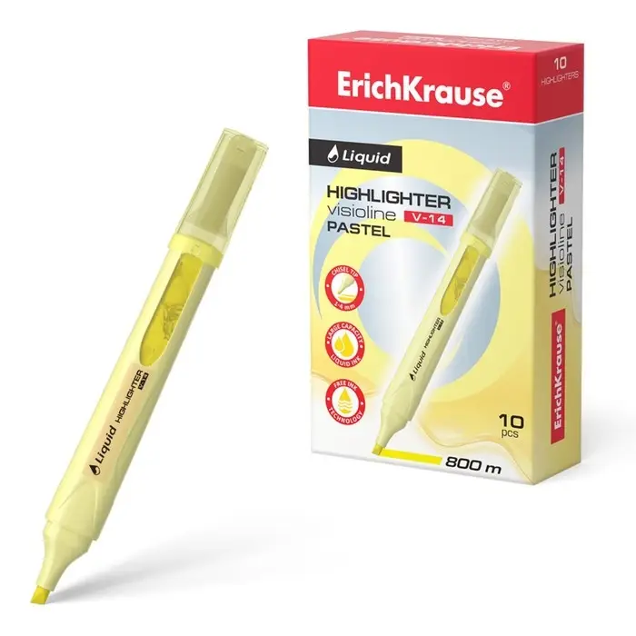 Маркер текстовыделитель ErichKrause Liquid Visioline V-14 Pastel, 0.6-4.0 мм, жидкие чернила на водной основе, жёлтый Маркер текстовыделитель ErichKrause Liquid Visioline V-14 Pastel, 0.6-4.0 мм, жидкие чернила на водной основе, жёлтый