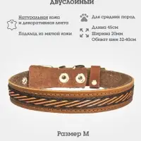 Ошейник, 45&times;2 см, с подкладом и декоративной лентой, кожа, коричневый