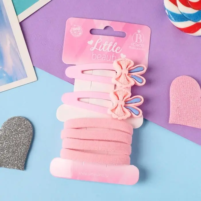 Набор для волос «Аврил», 4 резинки, 2 зажима, бантики ушки, 7×3 см, розовый