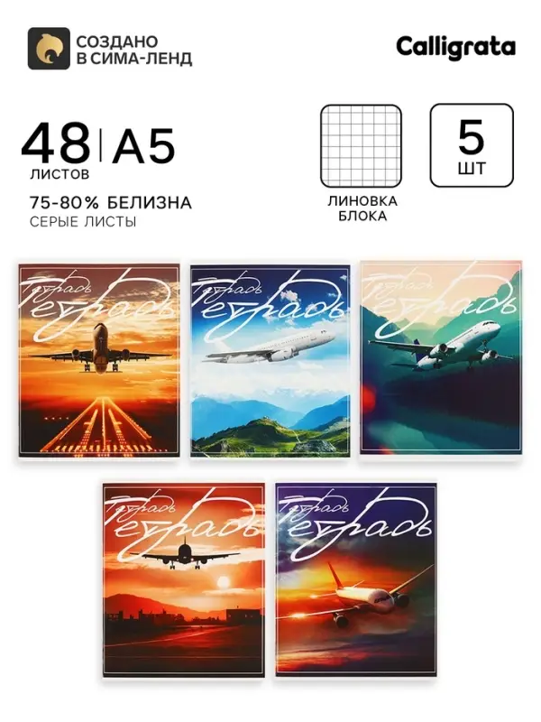Тетради 48 листов в клетку, Calligrata &laquo;Самолеты&raquo;, серые листы, 5 штук