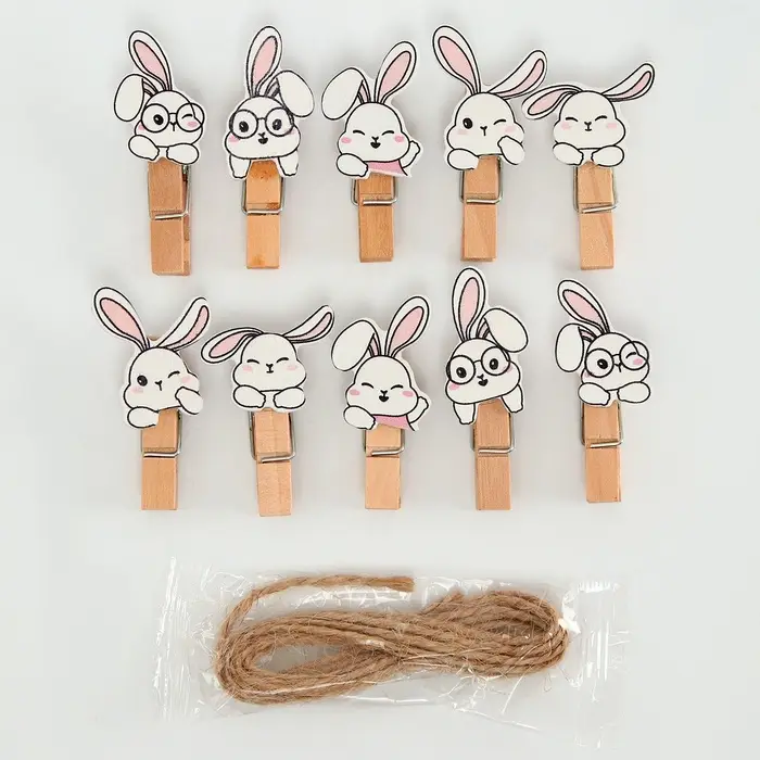 Прищепки декоративные с верёвкой для подвеса &laquo;Зайчики&raquo; набор 10 шт. &mdash; 1.5&times;12&times;14 см