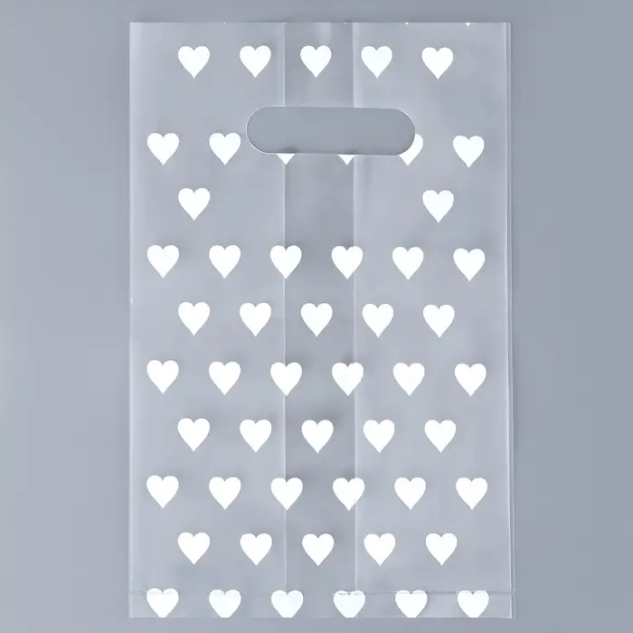 Пакет полиэтиленовый квадратный с вырубной ручкой, упаковка, "Сердечки", 25х35+16см ± 5% 60 мкм