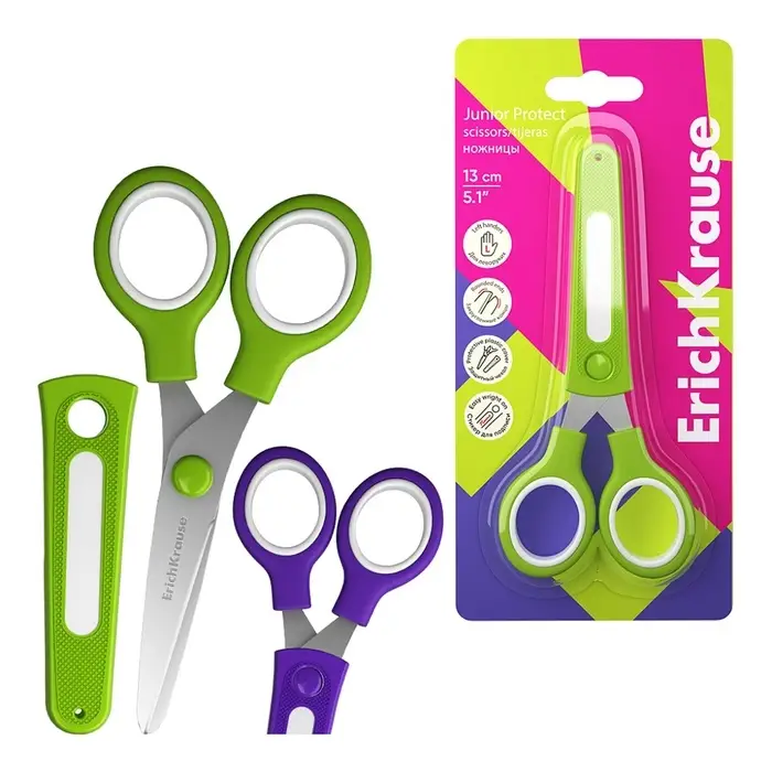 Ножницы 13 см для левшей ErichKrause Junior, с пластик чехол и именным стикером, микс