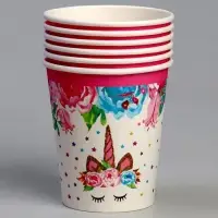 Стакан бумажный «Единорог и цветы», набор 6 шт., 220 мл, цвет розовый Стакан бумажный «Единорог и цветы», набор 6 шт., 220 мл, цвет розовый