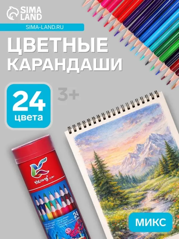 Карандаши 24 цвета, треугольные, деревянные &laquo;Морские обитатели&raquo;, в металлическом тубусе, МИКС