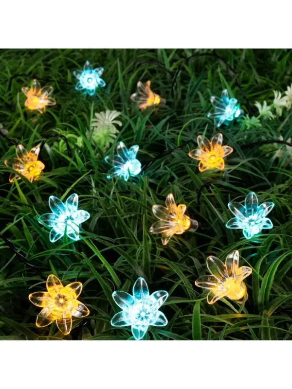 Гирлянда &laquo;Нить&raquo;, 4.5 м, уличная, с насадками &laquo;Цветок&raquo;, IP44, 30 LED, 2 режима, солнечная батарея, тёмная нить, свечение жёлтое/аквамарин