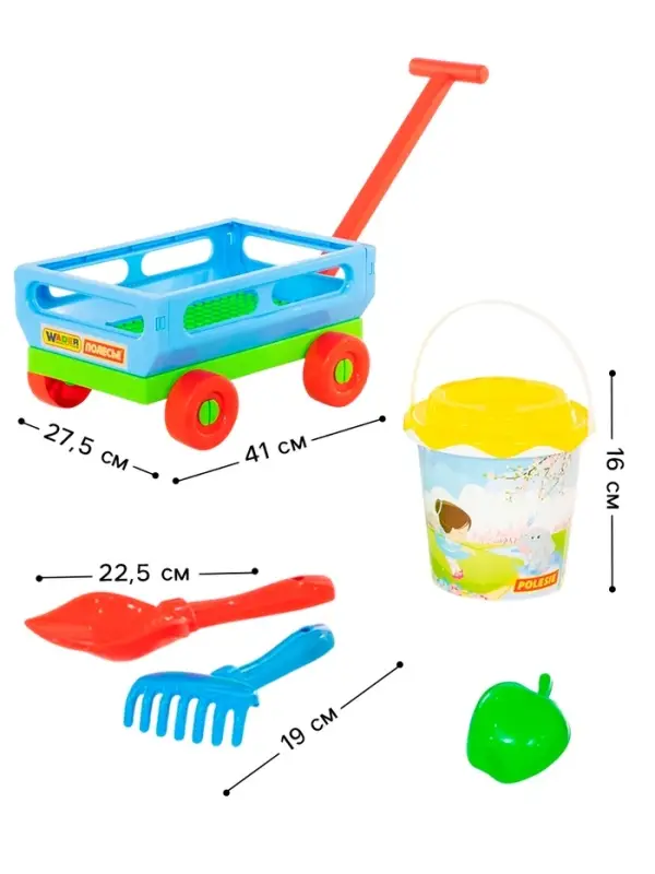 Набор игрушек для песочницы, 6 предметов: тележка, ведро, ситечко, лопатка, грабельки, формочка