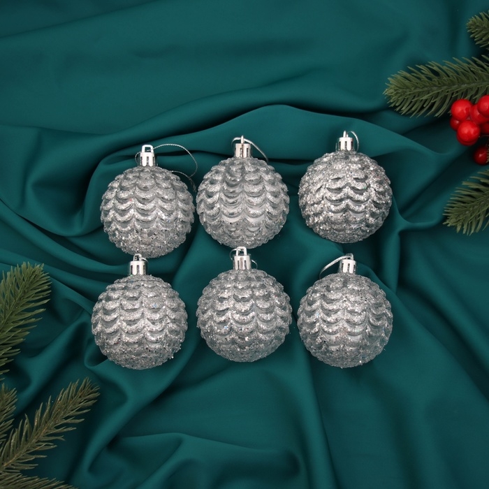 Набор шаров пластик d-6 см, 6 шт Набор шаров пластик d-6 см, 6 шт "Гелио" прозрачно-серебристый