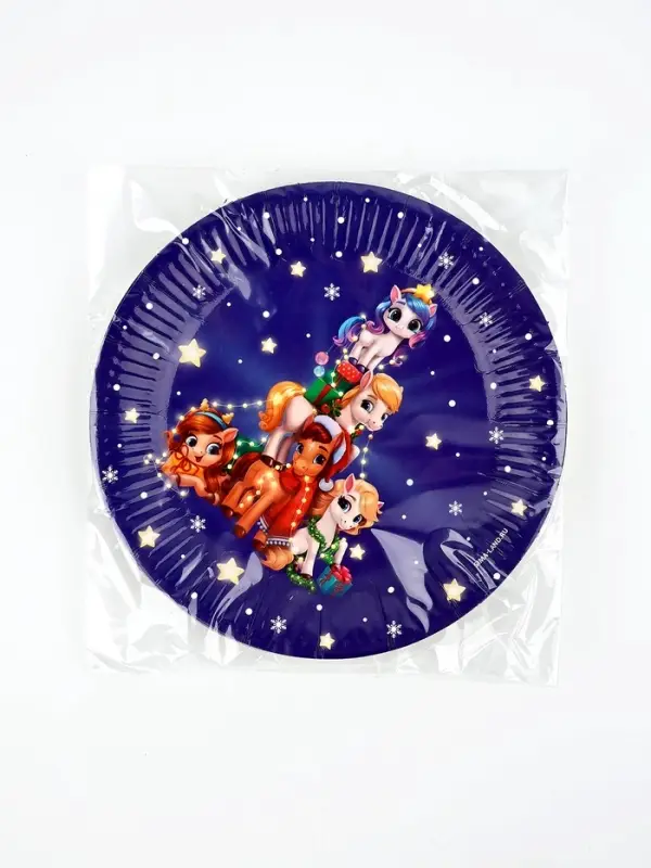 Тарелка бумажная "Пони с подарками" , синяя 18 см