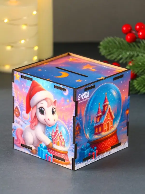 Деревянная копилка для денег &laquo;Лошадка новогодняя. Все сбудется&raquo;, куб, 10&times;10&times;10 см, (набор 7 деталей)