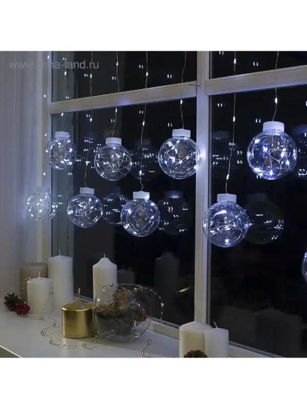 Гирлянда &laquo;Бахрома&raquo; 2.5&times;0.7 м, роса с насадками &laquo;Шарики&raquo;, IP20, серебристая нить, 150 LED, свечение белое, 12 В