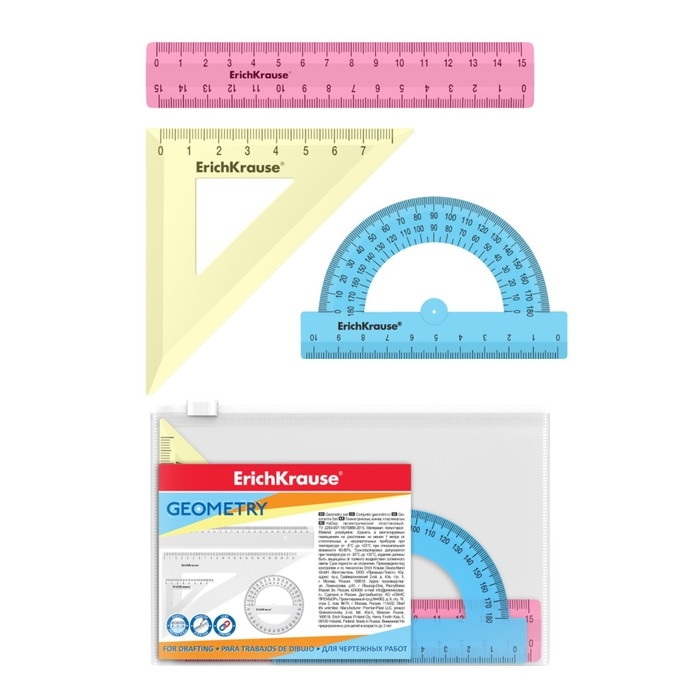 Набор геометрический ErichKrause Pastel, пластиковый, малый (линейка, угольник, транспортир), микс из 3 цветов, в zip-пакете Набор геометрический ErichKrause Pastel, пластиковый, малый (линейка, угольник, транспортир), микс из 3 цветов, в zip-пакете