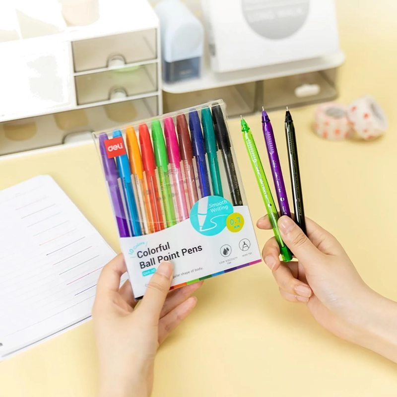 Набор шариковых ручек Deli EQ69-10,иг.нак 0,7,черн.пониж.вязк,10 цвет