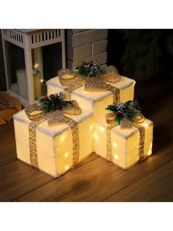 Светодиодная фигура &laquo;Подарки с бежевой лентой&raquo; 15, 20, 25 см, текстиль, металл, 220 В, свечение тёплое белое