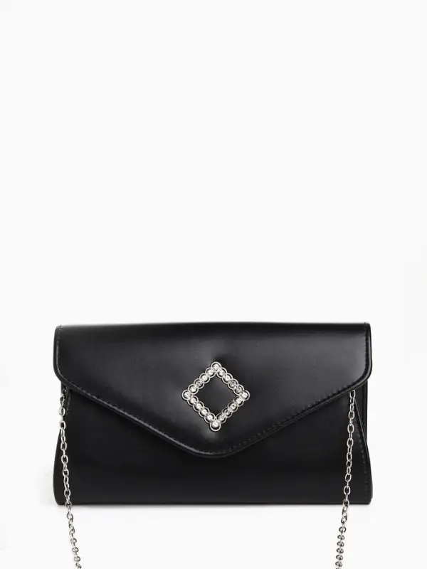 Сумка-клатч женская вечерняя на магните, на длинной цепочке, с декоративным элементом, однотонная, чёрная