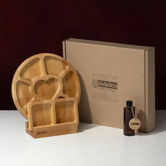 Набор менажниц Adelica, 6 секций, 2 секции, подставка, масло в подарок, дерево берёза, бежевый