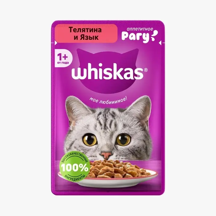 Влажный корм Whiskas для кошек, рагу телятина/ язык, 75г Влажный корм Whiskas для кошек, рагу телятина/ язык, 75г