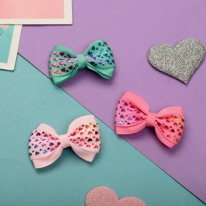 Зажим для волос  Зажим для волос "Бантик" сердечки голография, 6 см