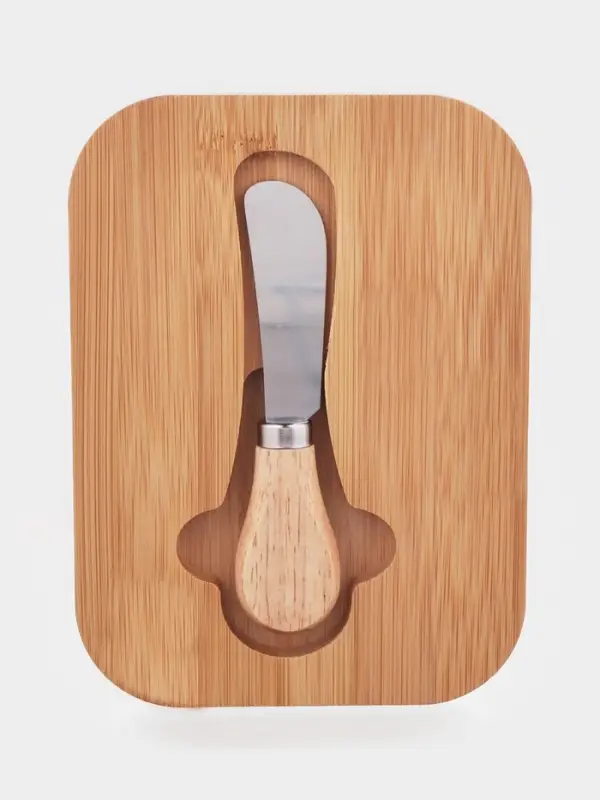 Маслёнка, 17.4&times;13&times;6.5 см, с бамбуковой крышкой-подставкой и ножом, стекло, прозрачная