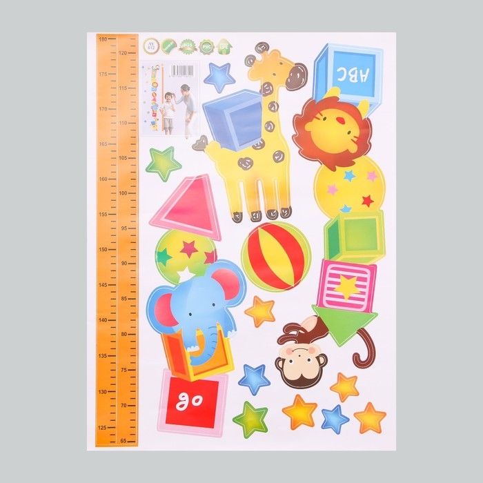 Наклейка пластик интерьерная цветная ростомер  Наклейка пластик интерьерная цветная ростомер "Звери и кубики" 45x60