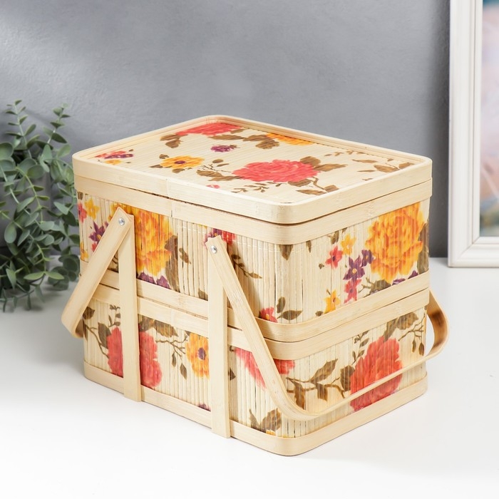 Шкатулка бамбук 2в1 Шкатулка бамбук 2в1 "Сад с пионами" с ручками 21х20х27 см