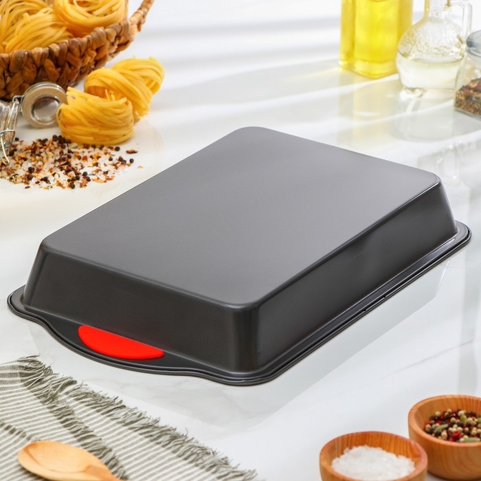 Противень для выпечки Доляна «Софт. Прямоугольник», 40,5×25,5×5,5 см, с силиконовыми ручками, антипригарное покрытие, цвет чёрный Противень для выпечки Доляна «Софт. Прямоугольник», 40,5×25,5×5,5 см, с силиконовыми ручками, антипригарное покрытие, цвет чёрный