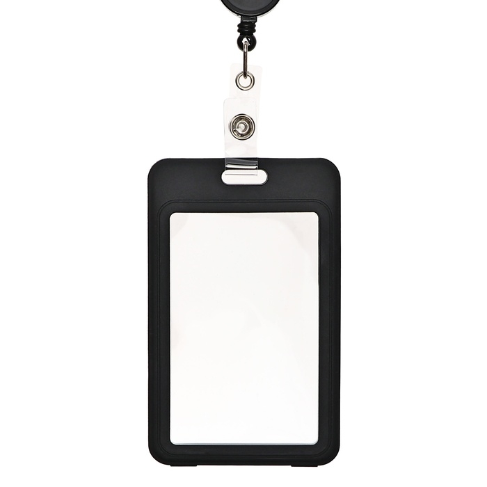 Бейдж-карман вертикальный пластиковый, внешний 110x70мм, внутренний 85x54мм, рулетка 40см, чёрный. Бейдж-карман вертикальный пластиковый, внешний 110x70мм, внутренний 85x54мм, рулетка 40см, чёрный.