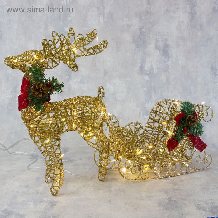 Светодиодная фигура «Олень с санями золотистый», олень: 40 × 50 × 16 см, сани: 40 × 25 × 10 см, металл, 220 В, свечение тёплое белое Светодиодная фигура «Олень с санями золотистый», олень: 40 × 50 × 16 см, сани: 40 × 25 × 10 см, металл, 220 В, свечение тёплое белое