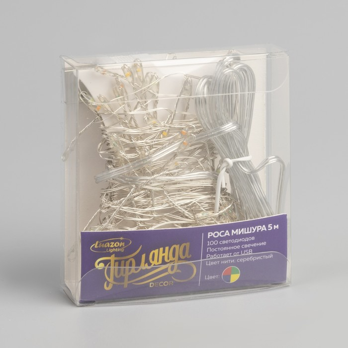 Гирлянда &laquo;Мишура&raquo; 5 м роса, IP20, серебристая нить, 100 LED, свечение мульти, USB