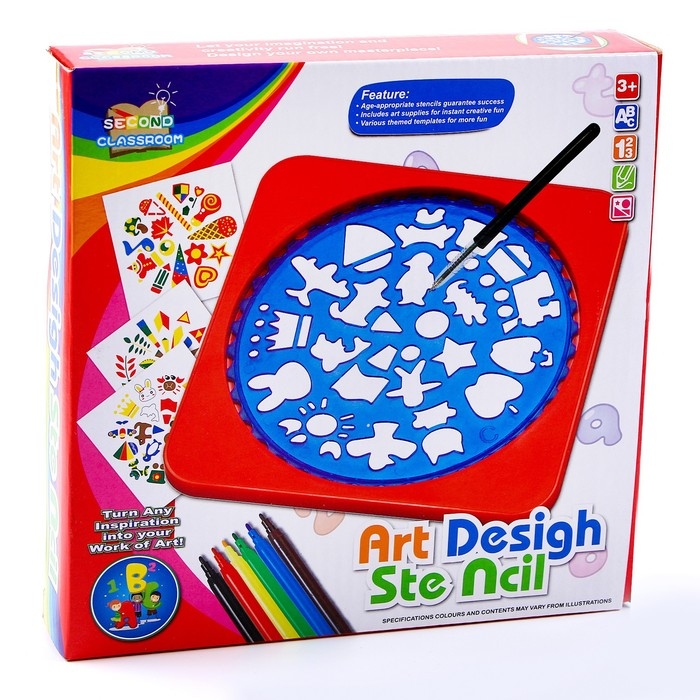 Трафареты «Дизайн» набор 2 шт., фломастеры 6 шт., ручка, бумага Трафареты «Дизайн» набор 2 шт., фломастеры 6 шт., ручка, бумага