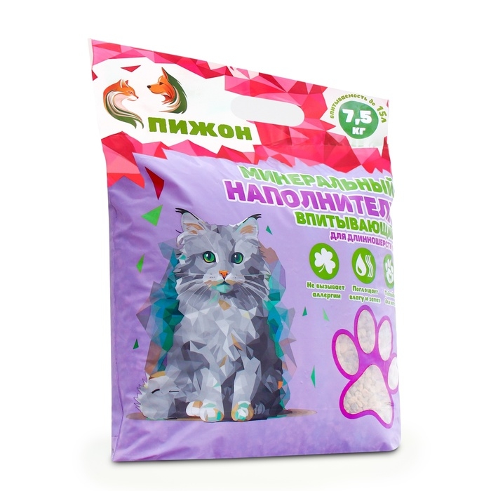 Наполнитель минеральный впитывающий Наполнитель минеральный впитывающий "Пижон" для длинношерстных кошек, 15 л