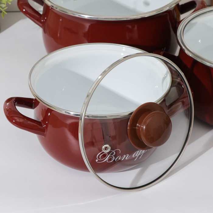 Набор эмалированных кастрюль «Бордо», 3 предмета: 2,1 л, 3,1 л, 4 л, индукция, цвет бордовый Набор эмалированных кастрюль «Бордо», 3 предмета: 2,1 л, 3,1 л, 4 л, индукция, цвет бордовый