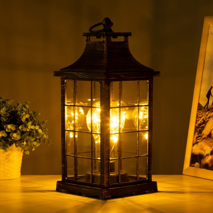 Ночник Ночник "Фонарь лофт " LED черный с медной патиной 13х13х31 см RISALUX