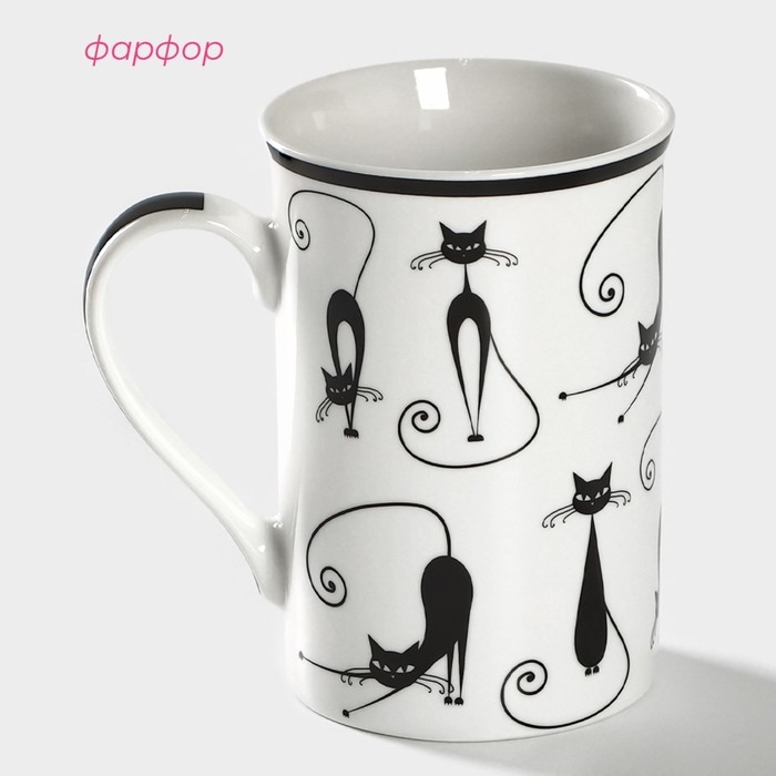 Кружка фарфоровая Доляна &laquo;Чёрный кот&raquo;, 300 мл, цвет белый