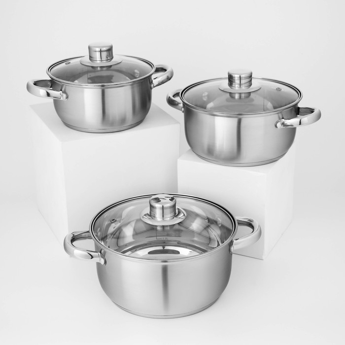 Набор кастрюль из нержавеющей стали Доляна «Гретте», 3 предмета: 1,6 л, 2,3 л, 3,2 л, крышки Набор кастрюль из нержавеющей стали Доляна «Гретте», 3 предмета: 1,6 л, 2,3 л, 3,2 л, крышки