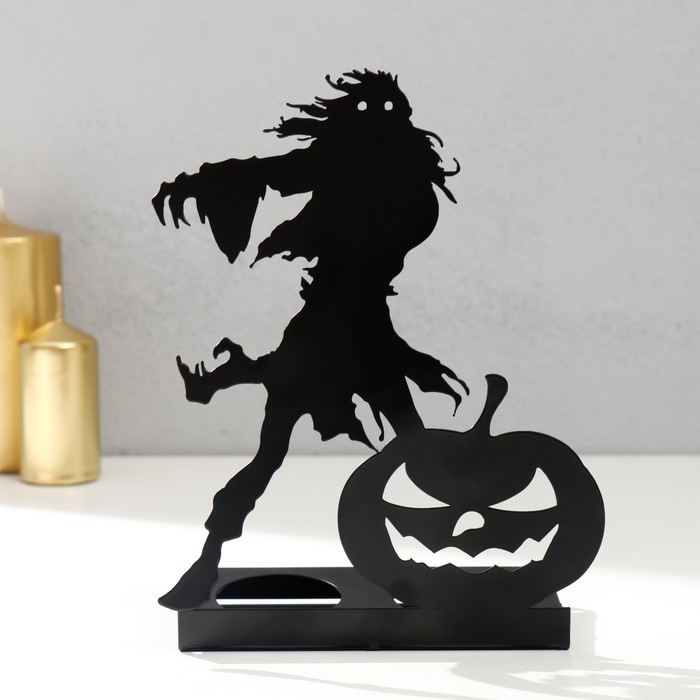 Подсвечник металл на 2 свечи "Хэллоуин. Монстр с тыквой" чёрный 18х13,5х6 см
