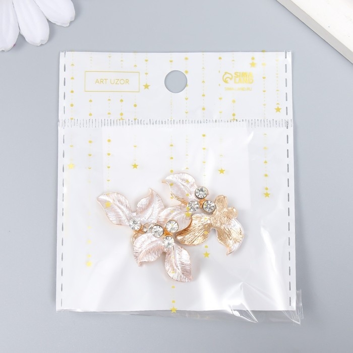 Декор для творчества металл Декор для творчества металл "Два листика" стразы, золото набор 4 шт 2,1х2,1 см