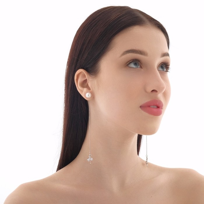 Серьги с жемчугом «Цепочки» балерина и бусина, цвет белый в серебре, шар №10 Серьги с жемчугом «Цепочки» балерина и бусина, цвет белый в серебре, шар №10