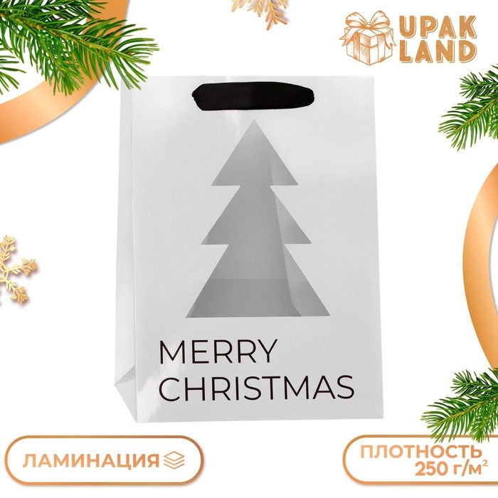 Пакет подарочный новогодний с окном, метализированный, Пакет подарочный новогодний с окном, метализированный, "Ёлка", 25 х 25 х 35 см.