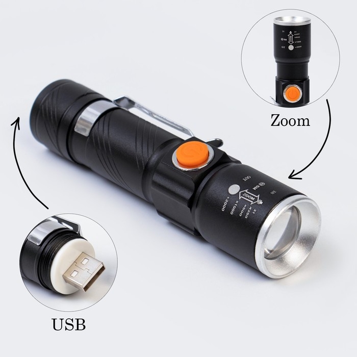 Фонарь ручной аккумуляторный, 3 Вт, 1200 мАч, XPE, USB, zoom, 11.3 x 2.9 см Фонарь ручной аккумуляторный, 3 Вт, 1200 мАч, XPE, USB, zoom, 11.3 x 2.9 см