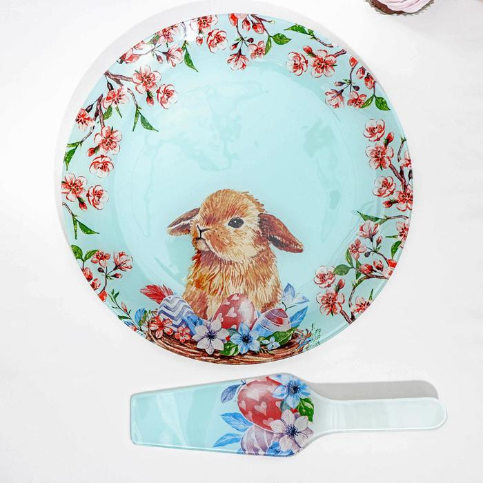 Тортовница стеклянная с лопаткой Доляна «Кролик», d=30 см, лопатка 26,5×7×2 см Тортовница стеклянная с лопаткой Доляна «Кролик», d=30 см, лопатка 26,5×7×2 см