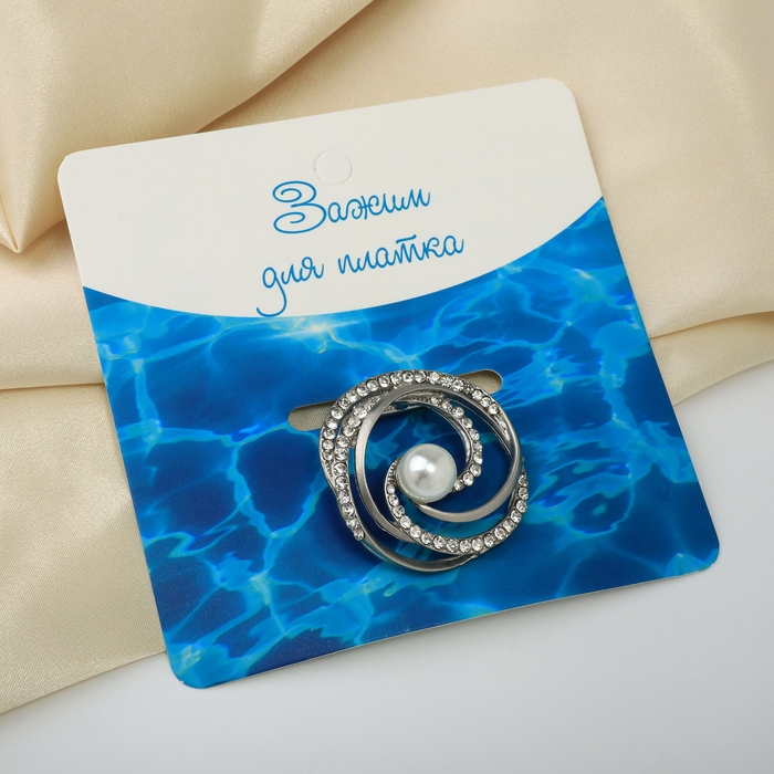 Зажим для платка «Жемчужный завиток», цвет белый в матовом серебре Зажим для платка «Жемчужный завиток», цвет белый в матовом серебре