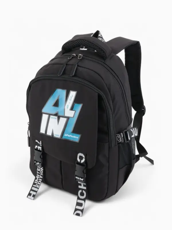 Рюкзак школьный на молнии, с карманами, принтом, размер 28×11×41 см, чёрный/голубой/белый Рюкзак школьный на молнии, с карманами, принтом, размер 28×11×41 см, чёрный/голубой/белый