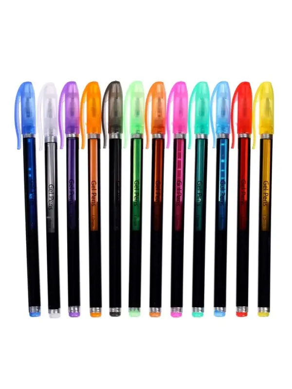 Набор гелевых ручек, 12 цветов, корпус чёрный в полоску в стержень, в блистере на кнопке
