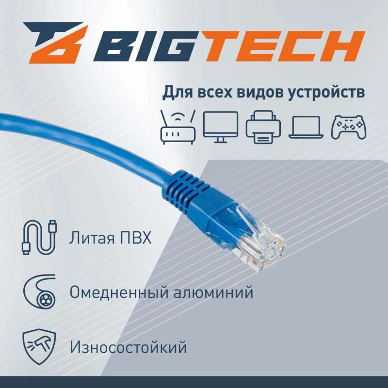 Патч-корд BigTech OPCC014 UTP CCA кат.5e/1м/литой/многожильный (синий)