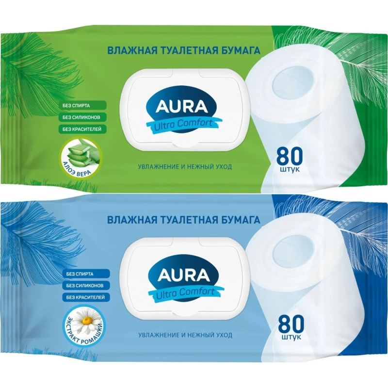 Бумага туалетная влажная AURA ULTRA COMFORT с крышкой 80шт/уп
