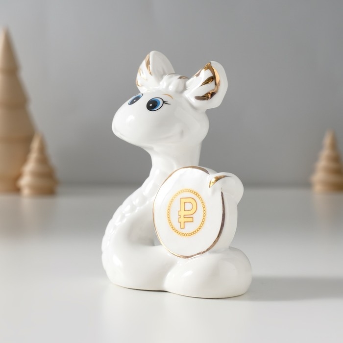 Сувенир керамика Сувенир керамика "Белая змейка с бантиком, с монеткой $" с золотом 3х7,5х9,3 см